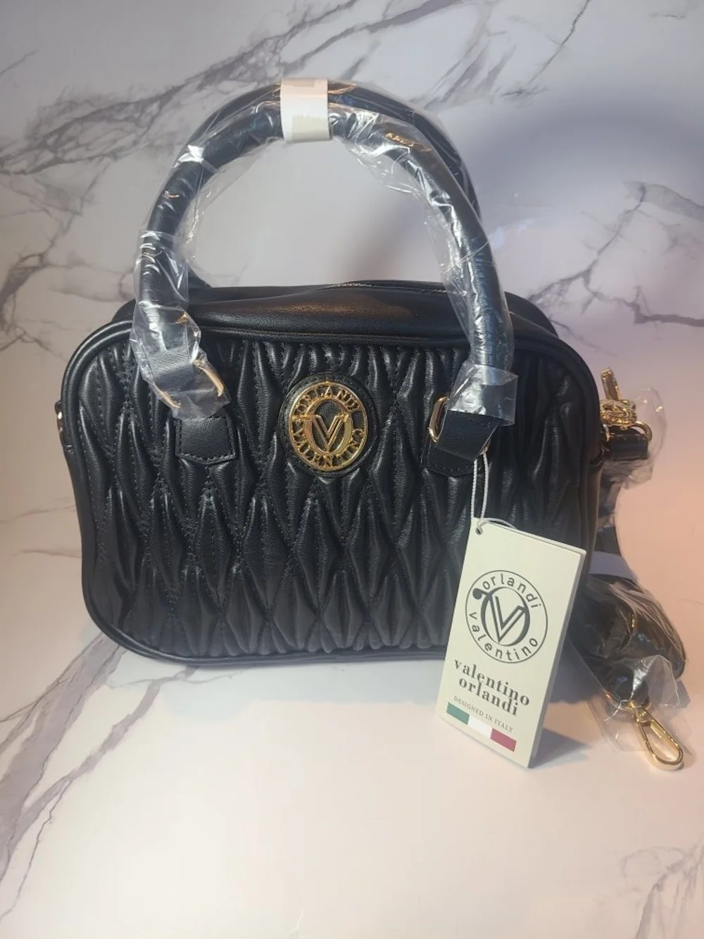 Valentino Orlandi Black Quilted Satchel with Gold Emblem
